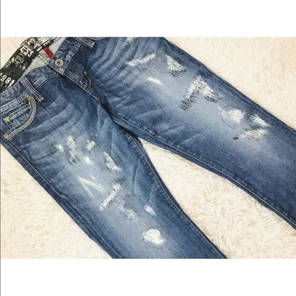 90s GUESS flirty straight parched distress denim jeans size 27 - Picture 2 of 8